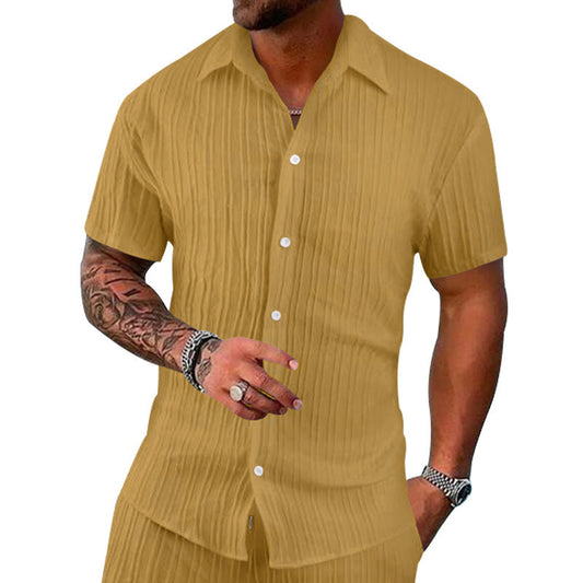 Polo Collar Solid Color Short Sleeve Button Men's Casual Loose Short Sleeves Shirt