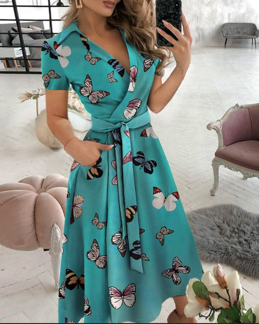 Fashion Long Sleeve V Neck Printed Hip Dress Women's