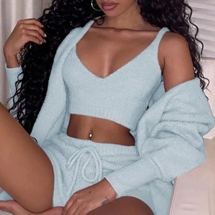 Wool Pajamas Set With Long Sleeve Crop Top And short