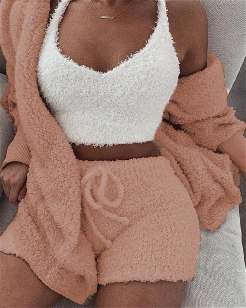Wool Pajamas Set With Long Sleeve Crop Top And short