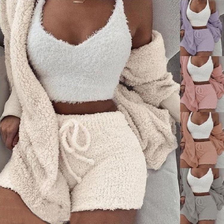 Wool Pajamas Set With Long Sleeve Crop Top And short