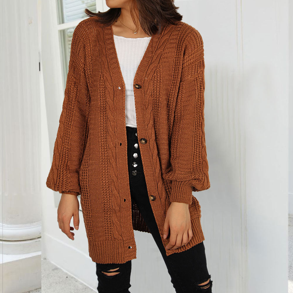 New Knitted Cardigan V-neck Twist Lantern Sleeve Coat For Women