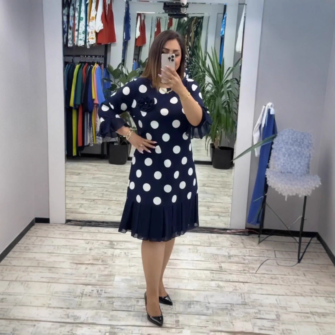 Women's Polka Dot Pleated Stitching Dress