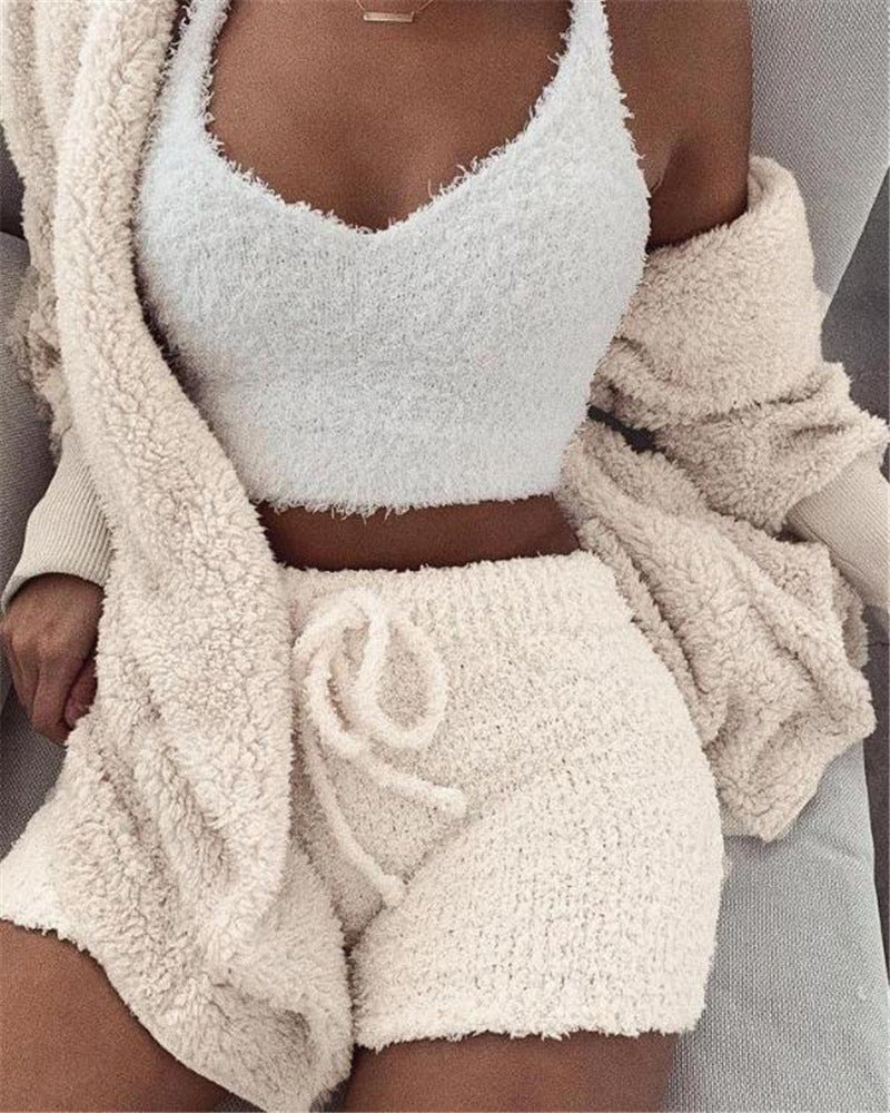 Wool Pajamas Set With Long Sleeve Crop Top And short
