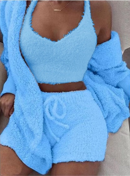 Wool Pajamas Set With Long Sleeve Crop Top And short