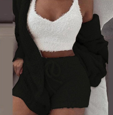 Wool Pajamas Set With Long Sleeve Crop Top And short