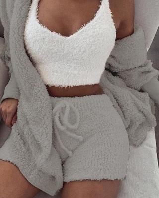 Wool Pajamas Set With Long Sleeve Crop Top And short
