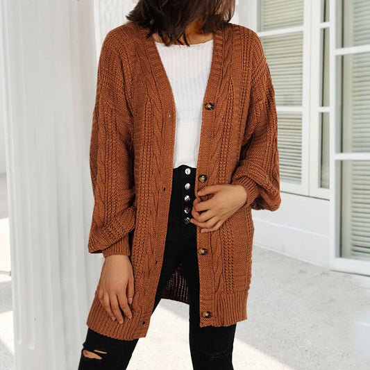 New Knitted Cardigan V-neck Twist Lantern Sleeve Coat For Women