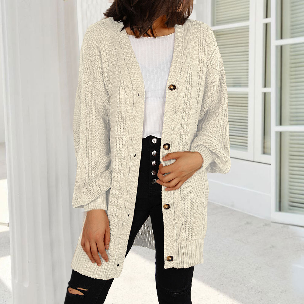 New Knitted Cardigan V-neck Twist Lantern Sleeve Coat For Women