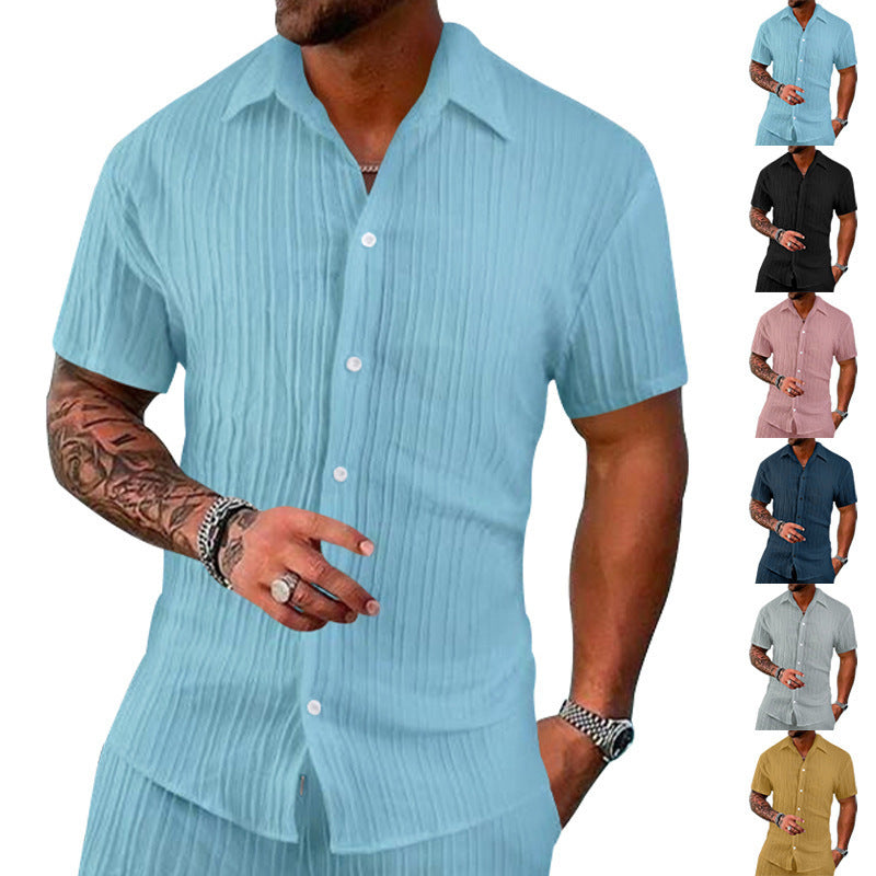 Polo Collar Solid Color Short Sleeve Button Men's Casual Loose Short Sleeves Shirt