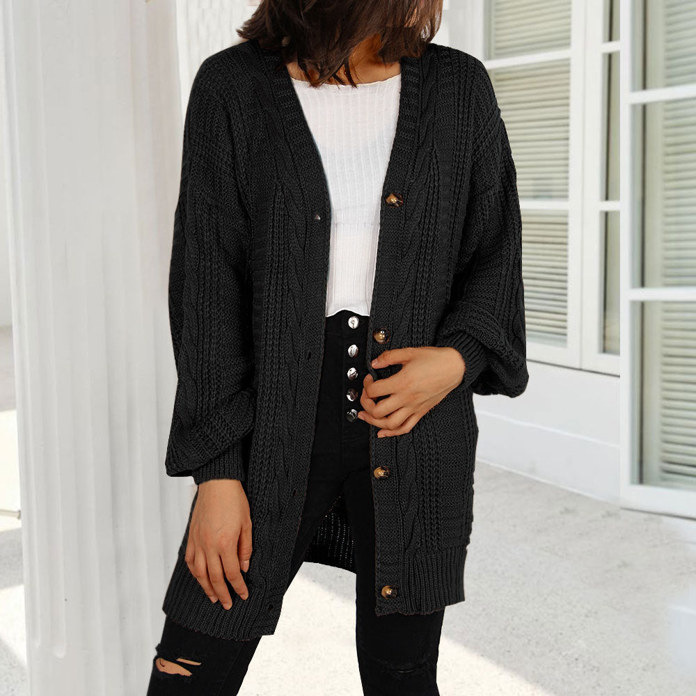 New Knitted Cardigan V-neck Twist Lantern Sleeve Coat For Women